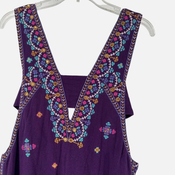 Free People Dress Heavily Embroidered Purple Size S Tie Back Mini V Neck Boho - Picture 4 of 8